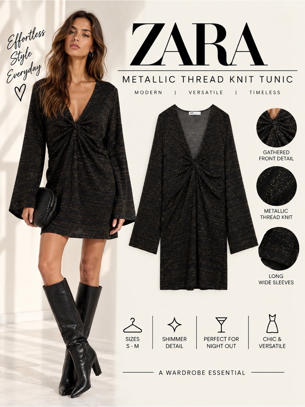 ZARA Black Metallic Thread Knit Tunic Dress S M NWT 5802/133